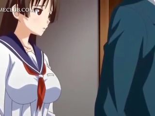 Anime girl in uniform blowing large cock