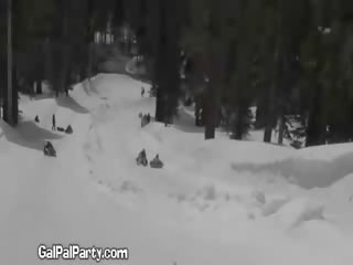 Funny model Shows Melons On Ski Lift