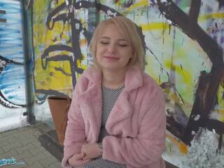 Public Agent amatuer teen with short blonde hair chatted up at busstop and taken to basement to get fucked by big prick
