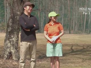 Golf whore gets teased and creamed by two guys